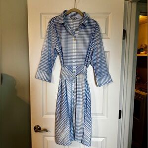 Hinson Wu Blue and White Gingham Shirt Dress with Waist Tie L